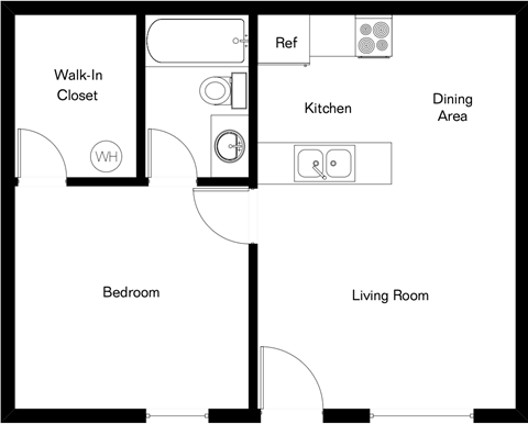 Floor plan for 1 bed, 1 bath, 470 sqft